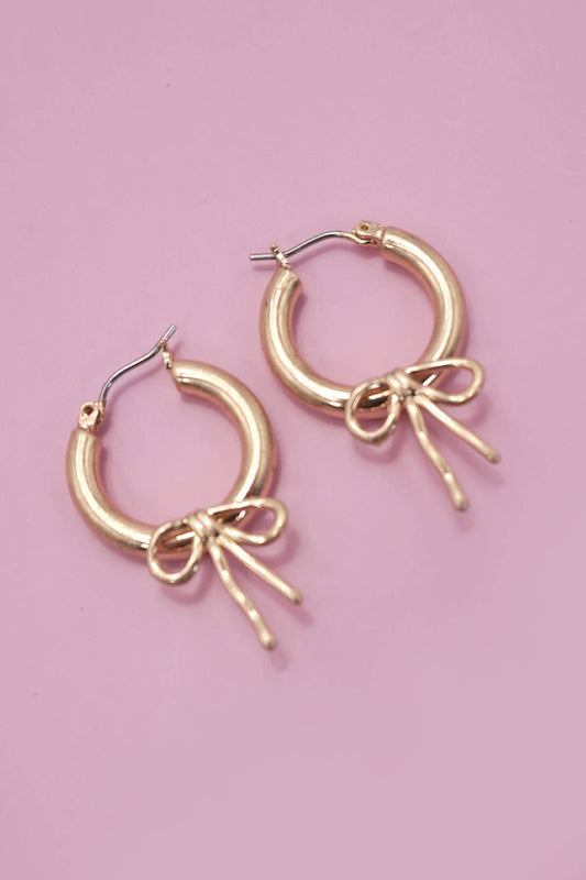 Gold Bow Puffy Hoop Earrings, Feathered Farmhouse