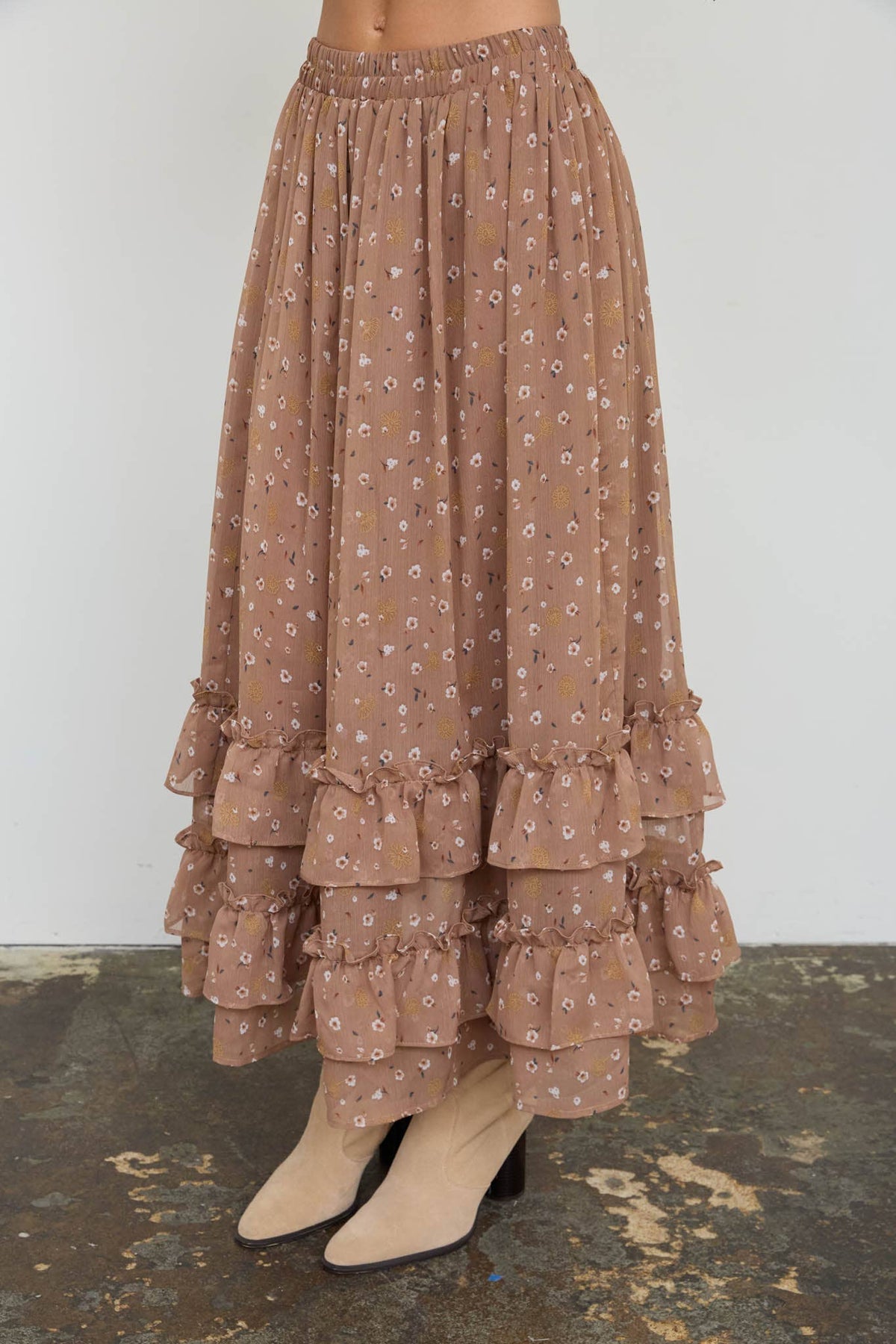 Mocha Floral Ruffled Tiered Hem Midi Skirt, Feathered Farmhouse