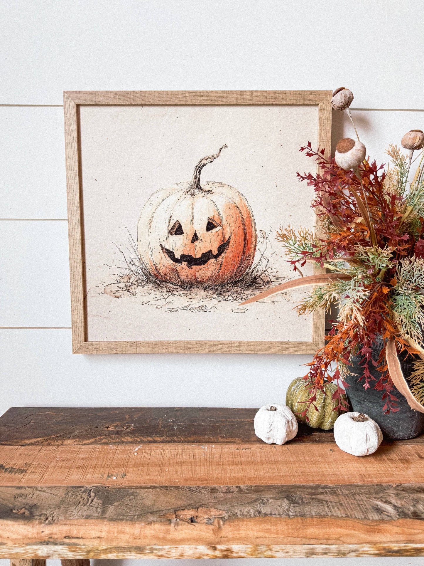 Vintage Pumpkin Face Wood Sign, Feathered Farmhouse