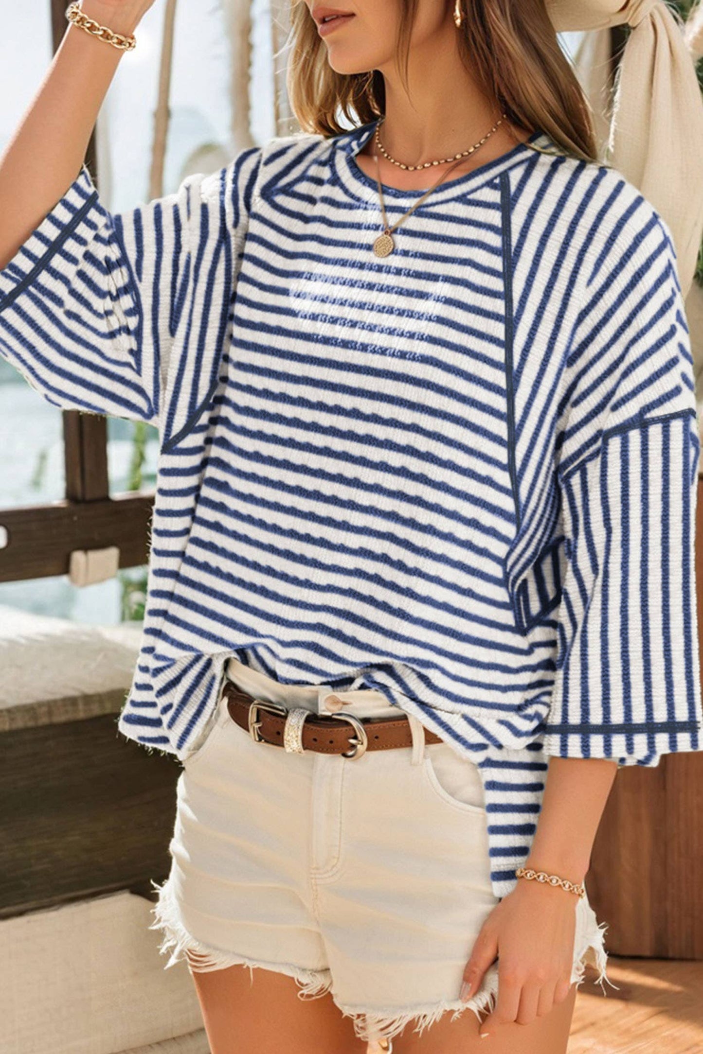 Stripe Knit Split Hem Top, Feathered Farmhouse