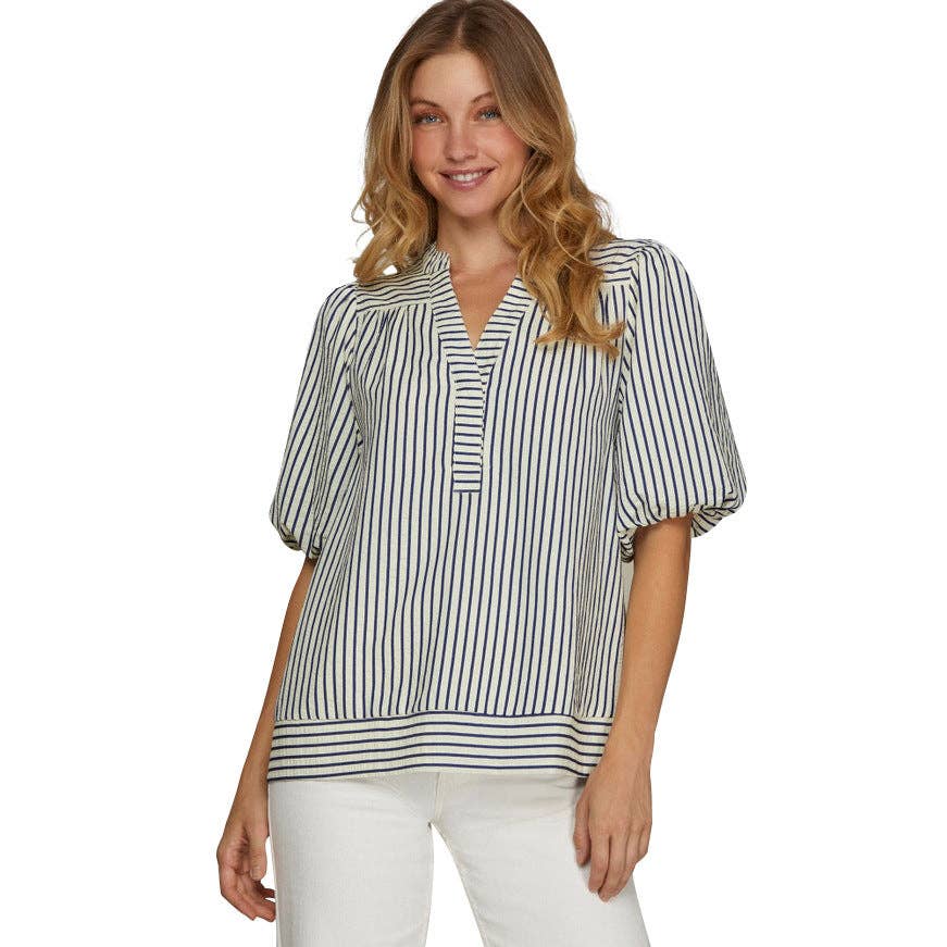 Striped V-Neck Blouse Top, Feathered Farmhouse