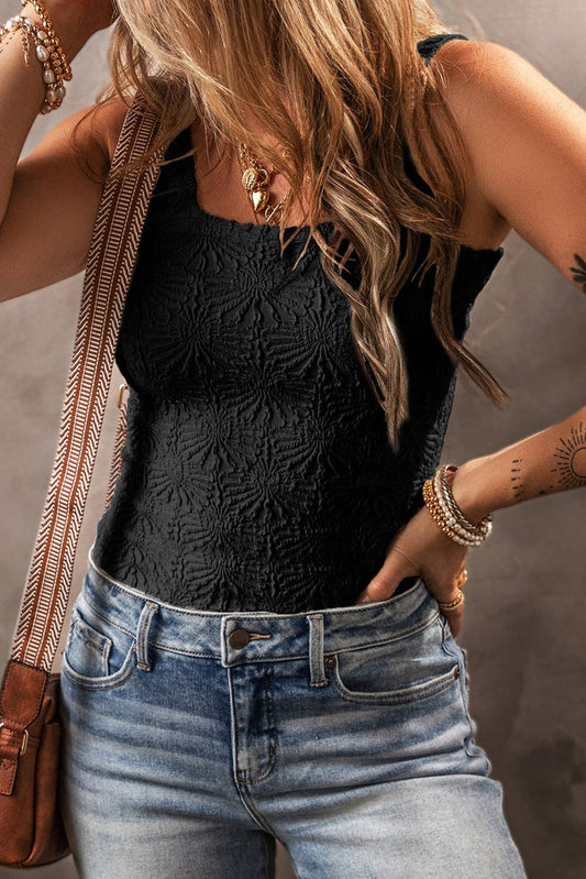 Floral Jacquard Square Neck Tank Top, Feathered Farmhouse