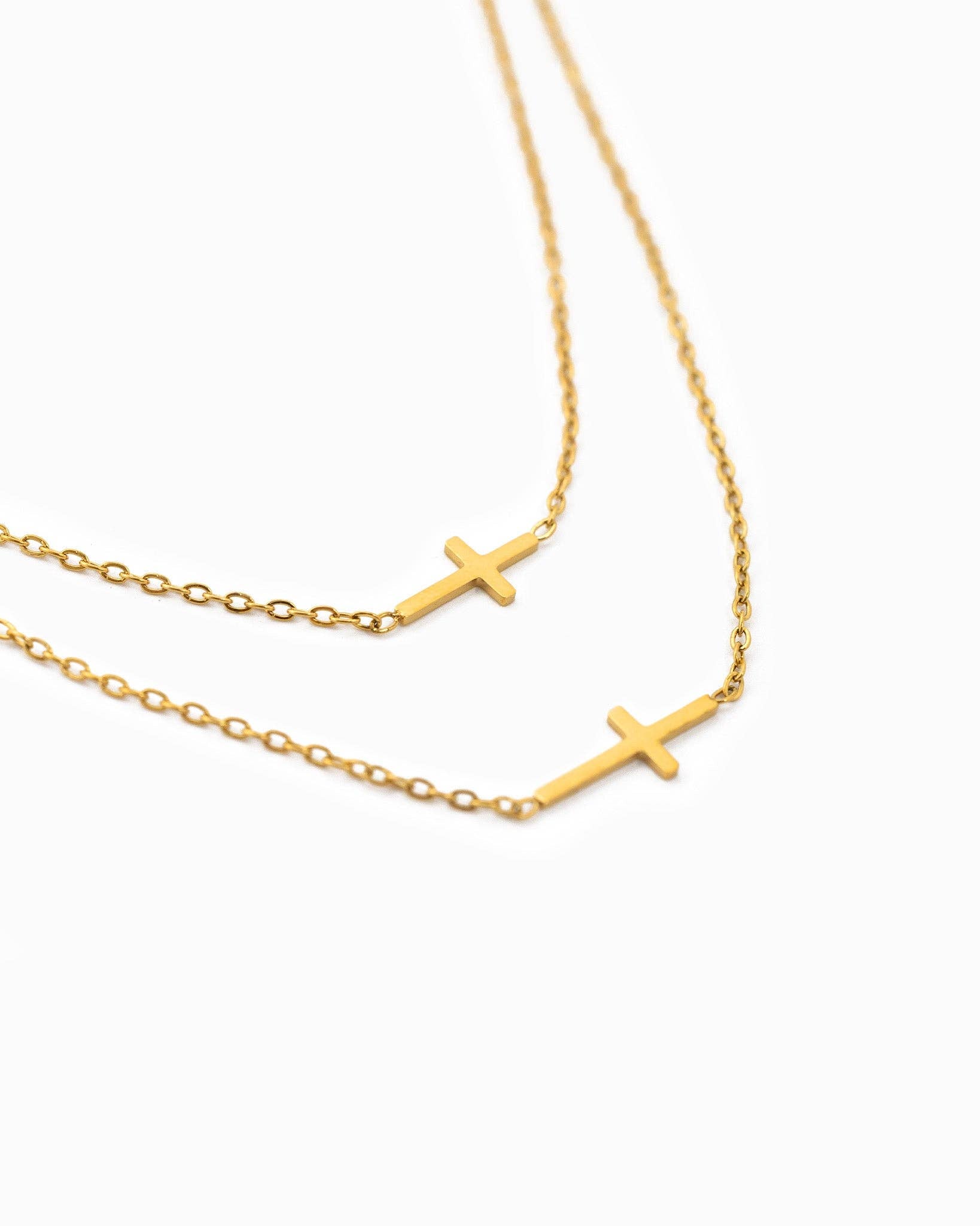 Stainless Layered Cross Necklace, Feathered Farmhouse