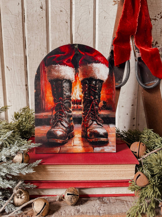 Santa Boots by Fireplace Arched Shelf Sitter, The Feathered Farmhouse