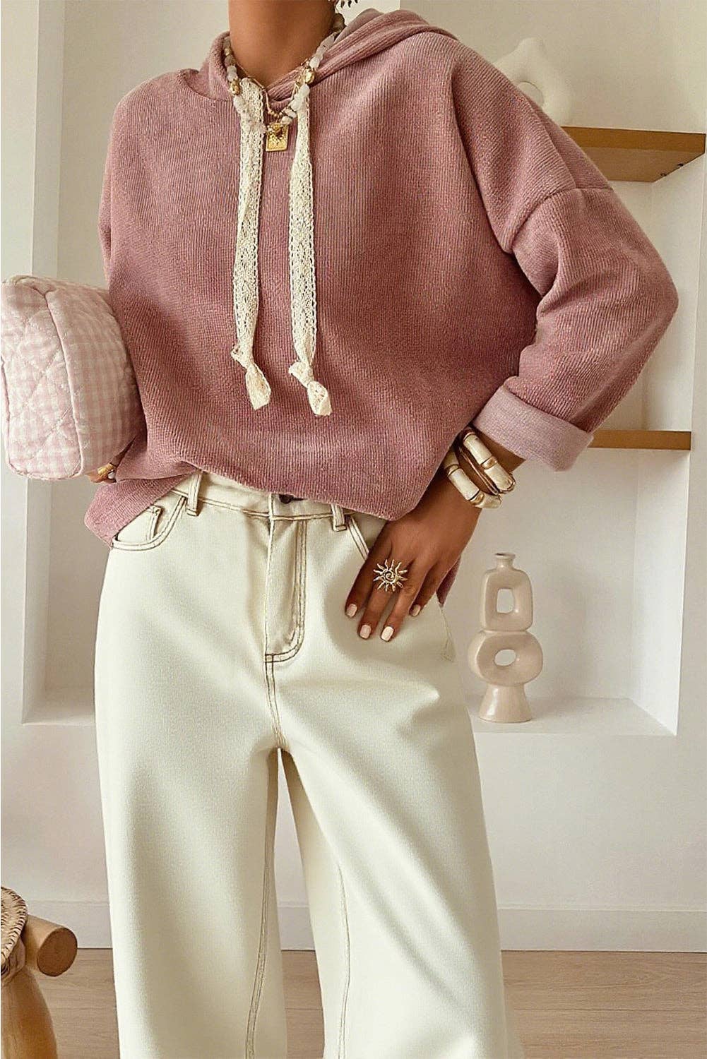 Thermal Textured Lace Drawstring Hoodie, Feathred Farmhouse