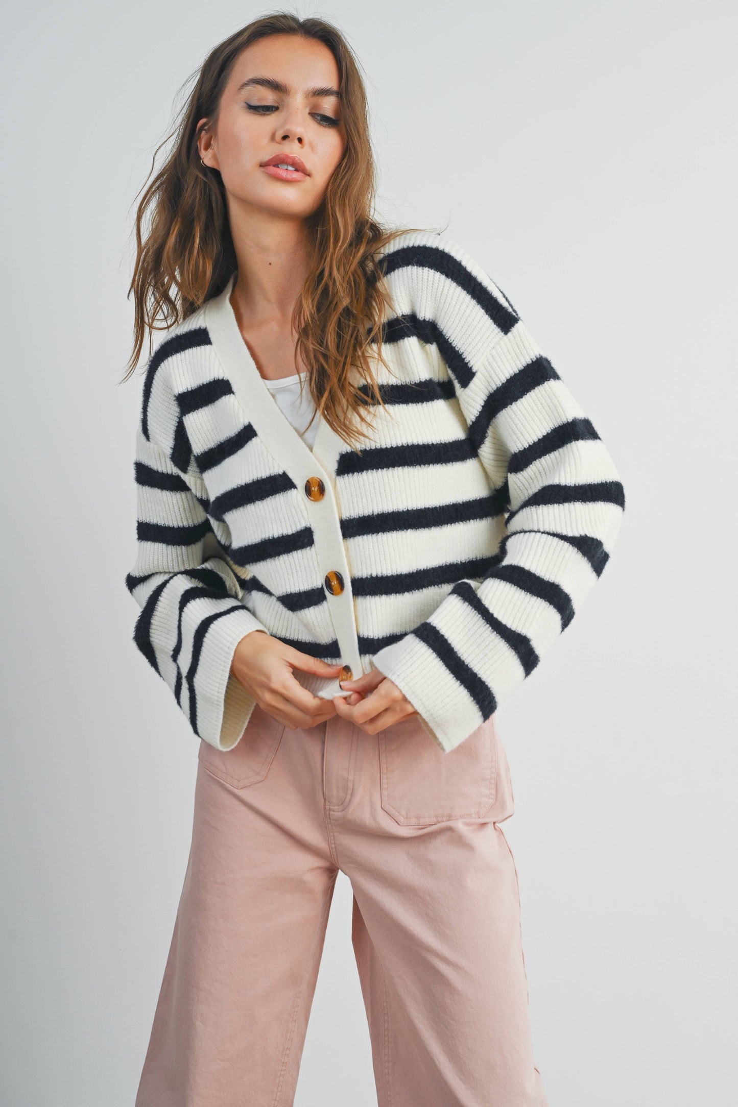 Striped Button Front Long Sleeve Cardigan, Feathered Farmhouse