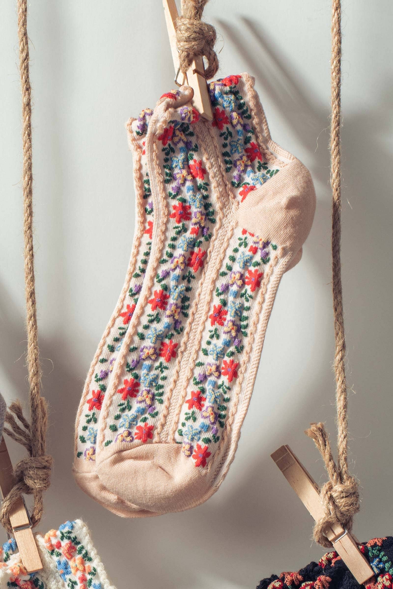 Vintage Floral Embroidered Socks, Feathered Farmhouse