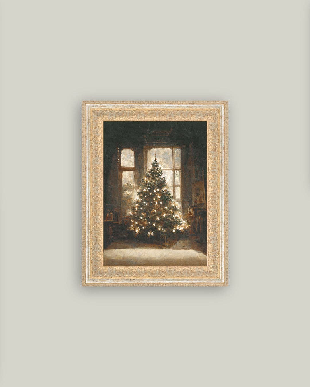 Glowing Christmas Tree Framed Antique Art, Feathered Farmhouse