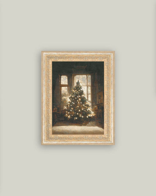 Glowing Christmas Tree Framed Antique Art, Feathered Farmhouse