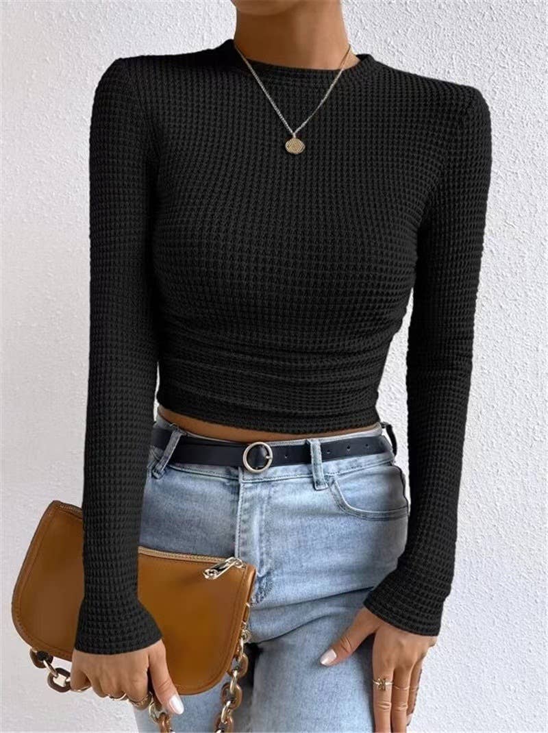 Black Plain Waffle Fitted long Sleeve Top, Feathered Farmhouse