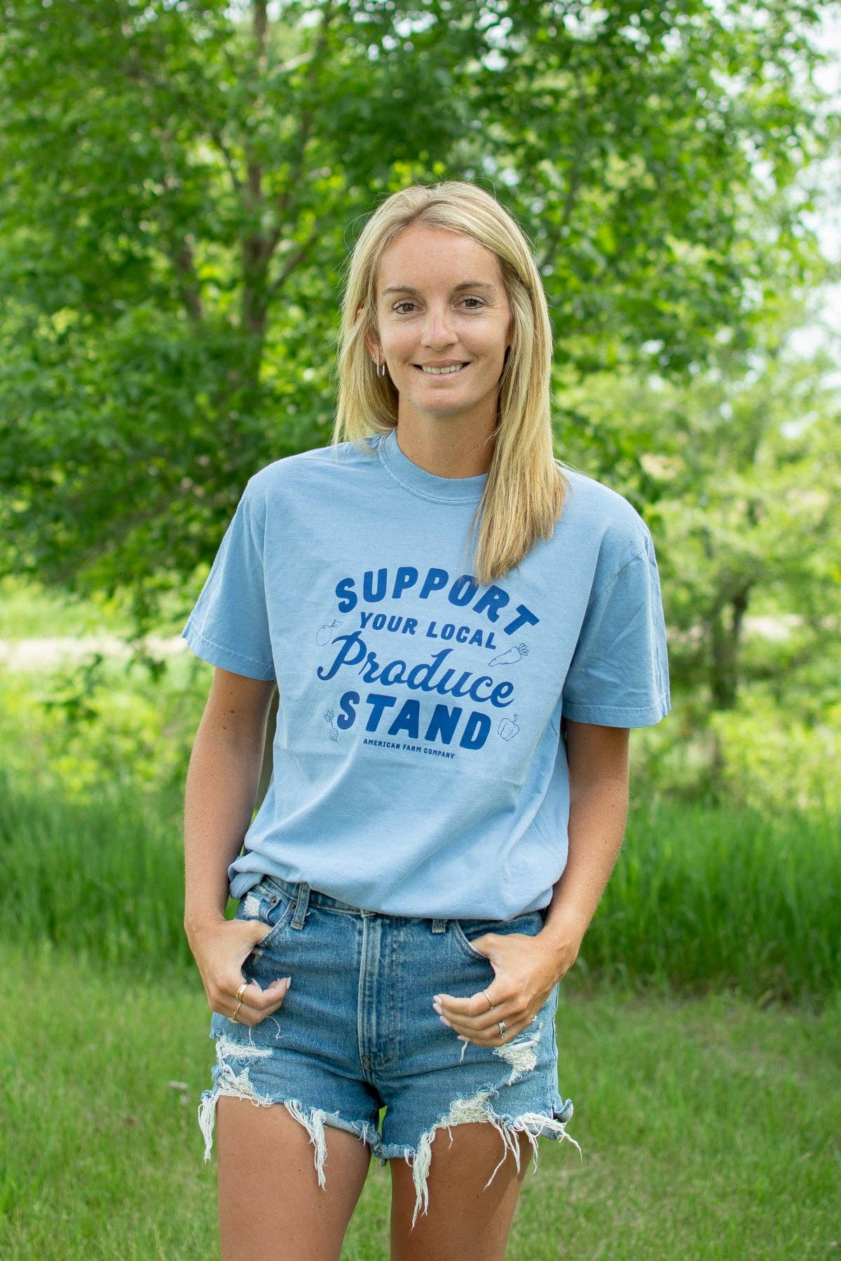 Summer 'Support Your Local Produce Stand' Blue Graphic Tee, Feathered Farmhouse