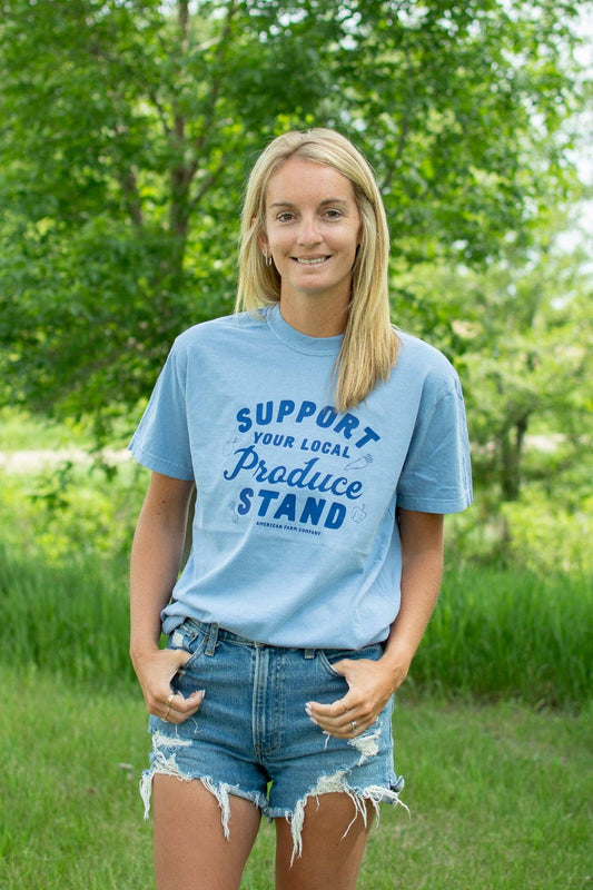 Summer 'Support Your Local Produce Stand' Blue Graphic Tee, Feathered Farmhouse