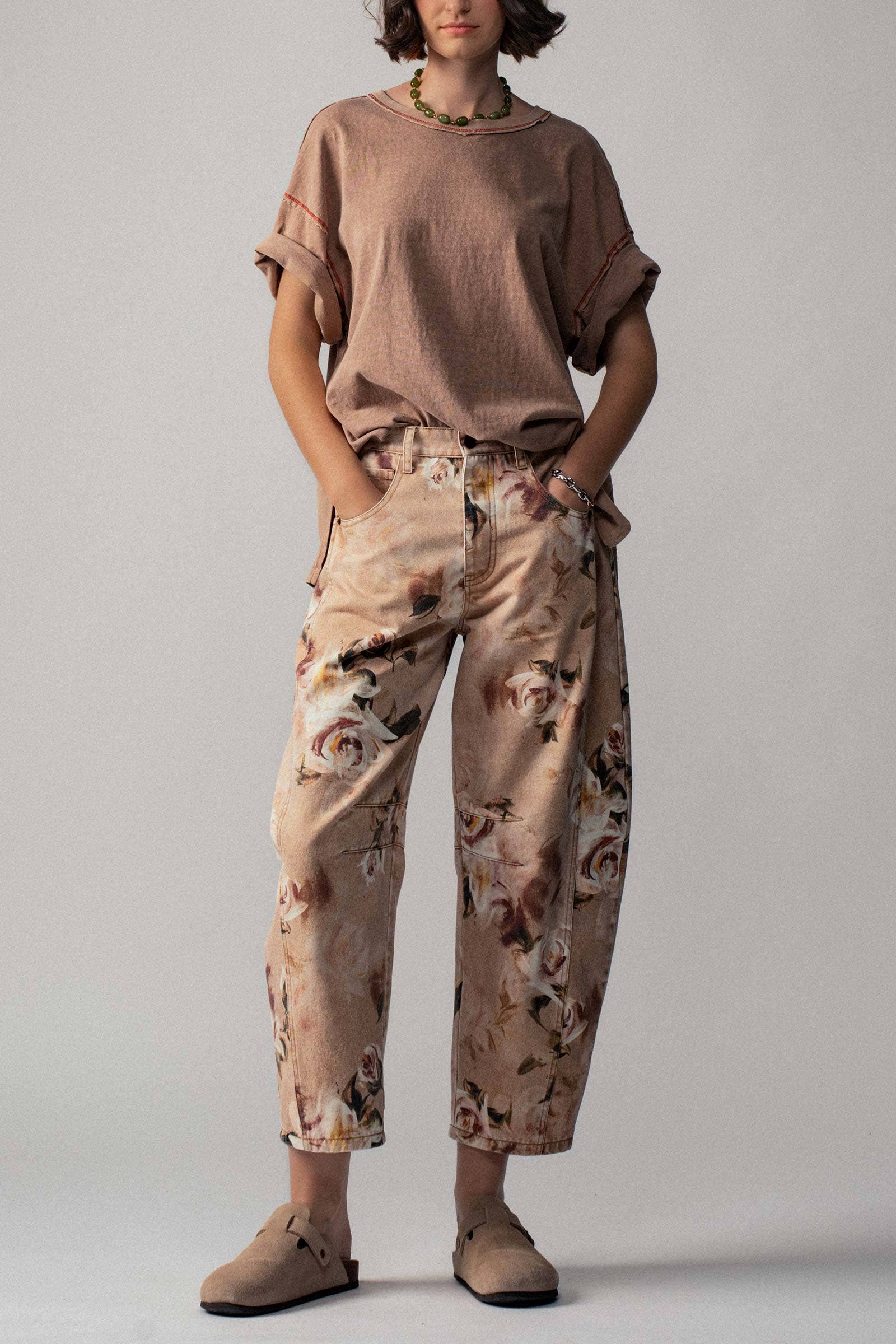 Vintage Rose Print Wide Leg Jeans, Feathered Farmhouse