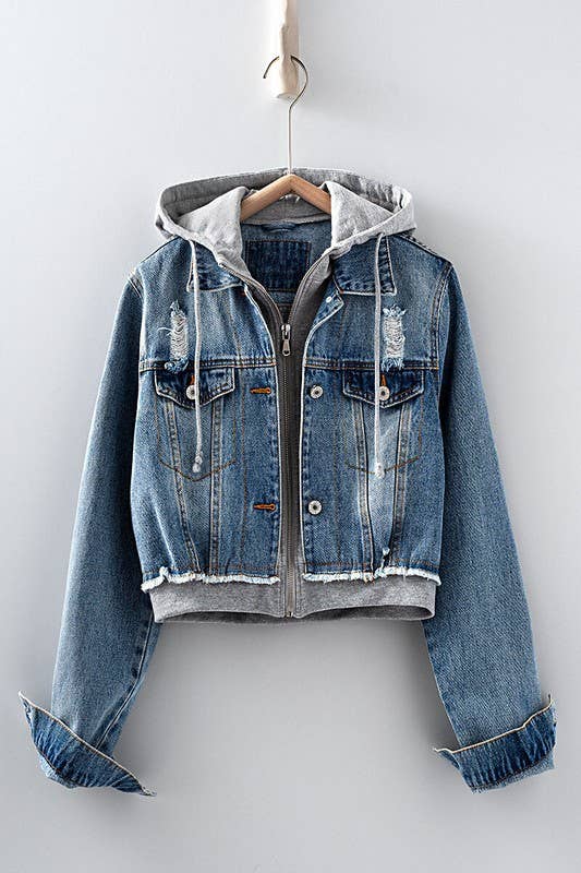 Hooded Denim Zip Up Jacket, Feathered Farmhouse