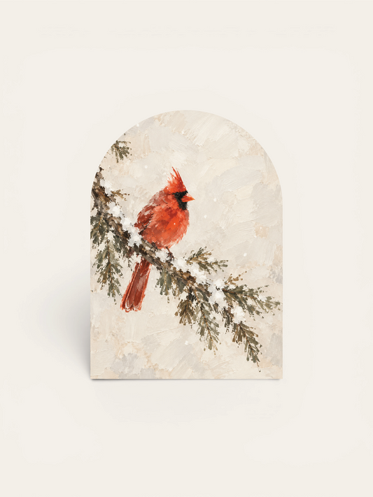 Painterly Cardinal on Snowy Branch Arch, Feathered Farmhouse