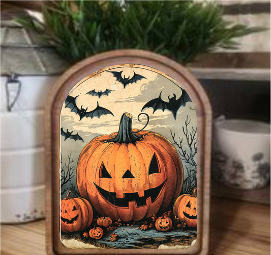 Jack O Lantern Framed Arch Top, Feathered Farmhouse
