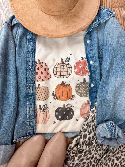 Pumpkin Collage Graphic Tshirt, Feathered Farmhouse