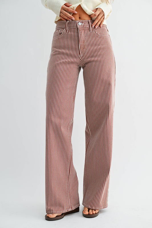 Relaxed Wide Leg Spice Brown Stripe, Feathered Farmhouse