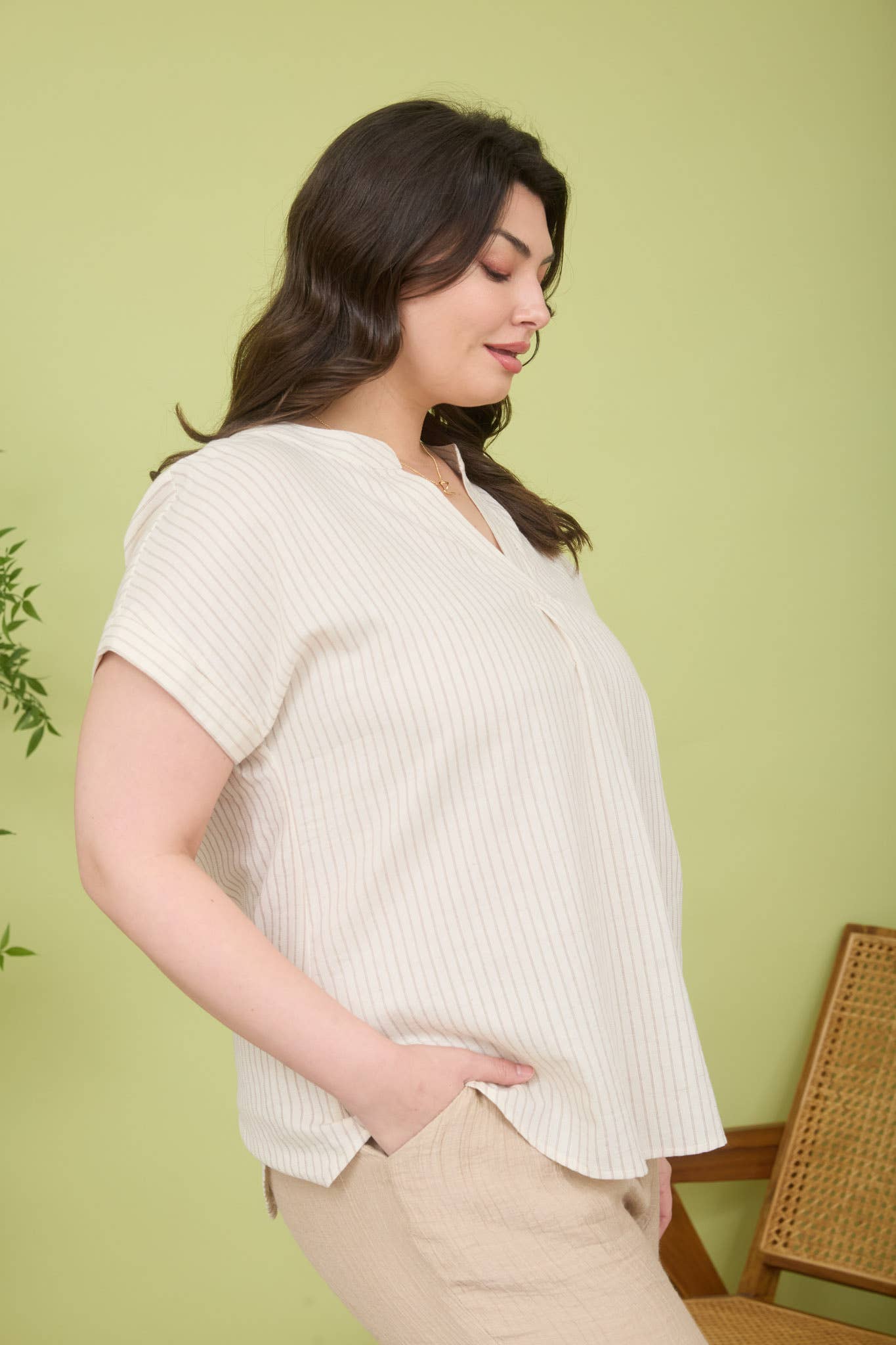 Split Neck Strip Top, Feathered Farmhouse