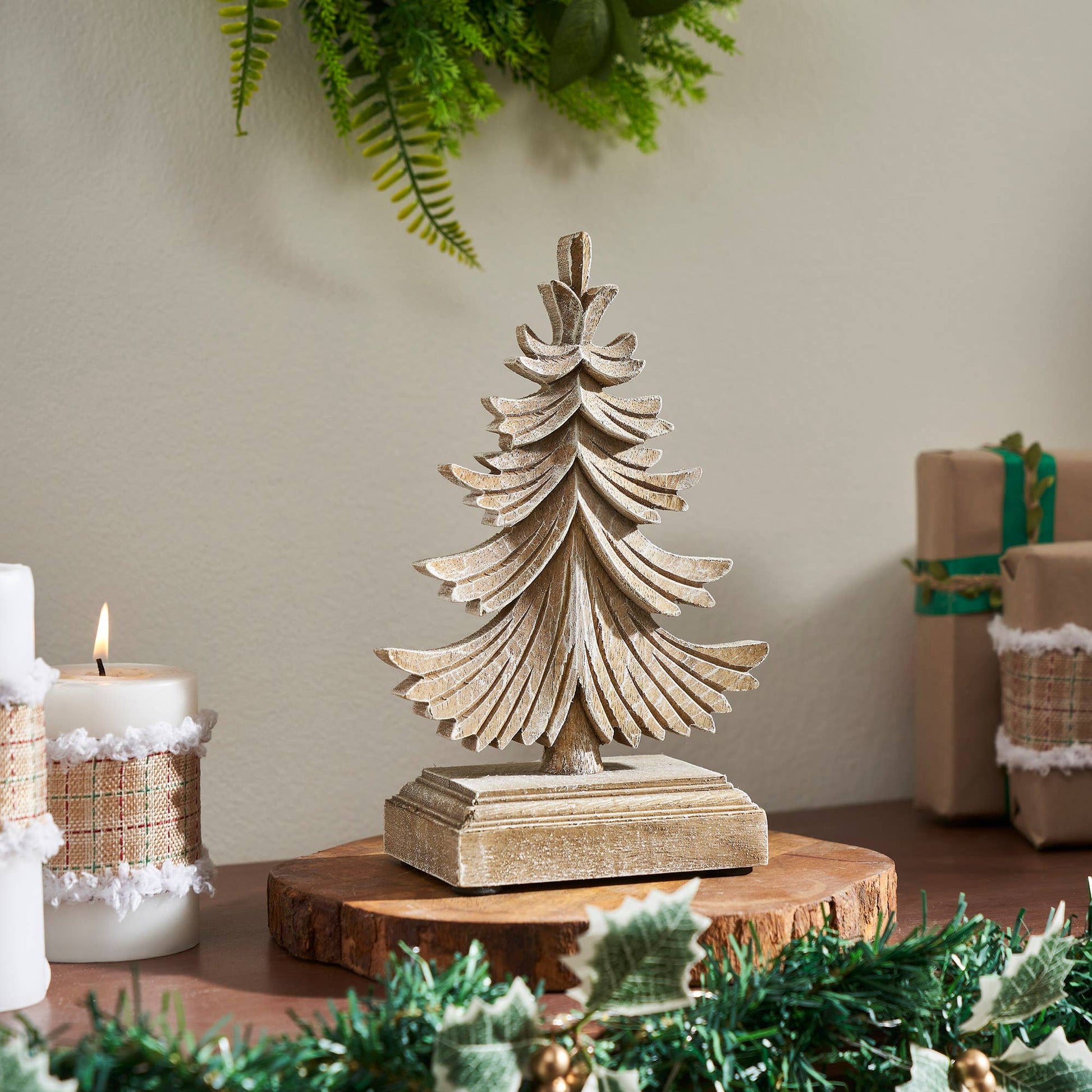 Feathered Finish Winter Pine Wooden Tree, Feathered Farmhouse