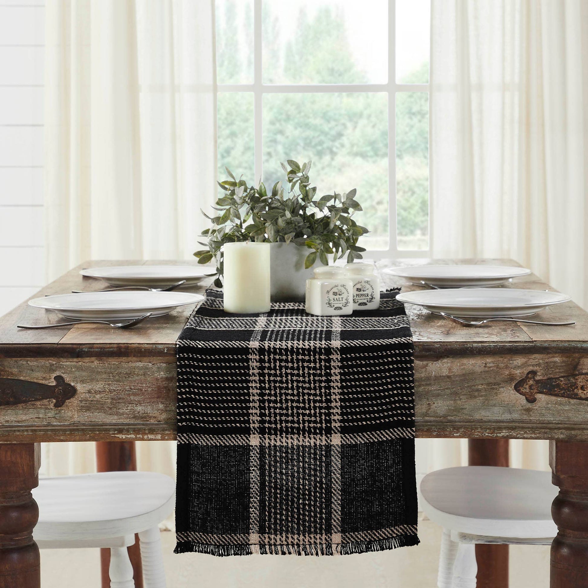 Eston Black Tan Plaid Runner, Feathered Farmhouse