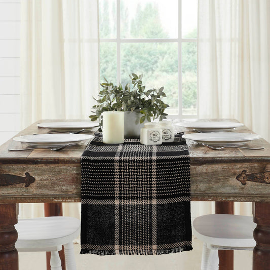 Eston Black Tan Plaid Runner, Feathered Farmhouse