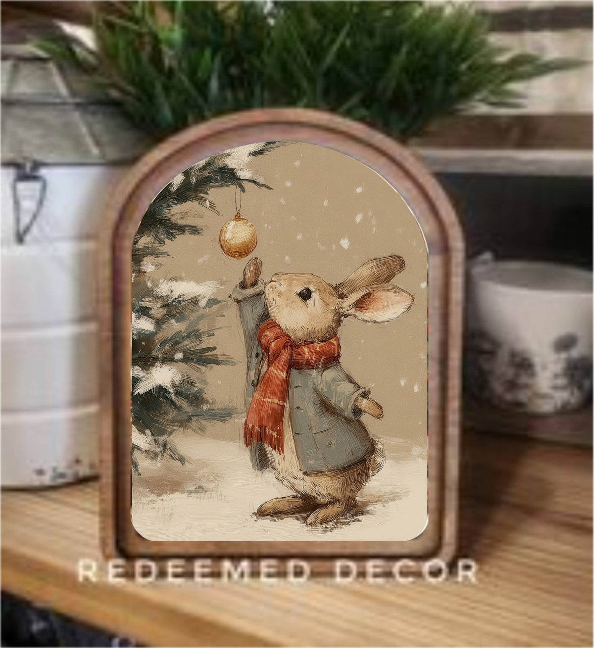 Arch Top Christmas Bunny Framed Art, Feathered Farmhouse