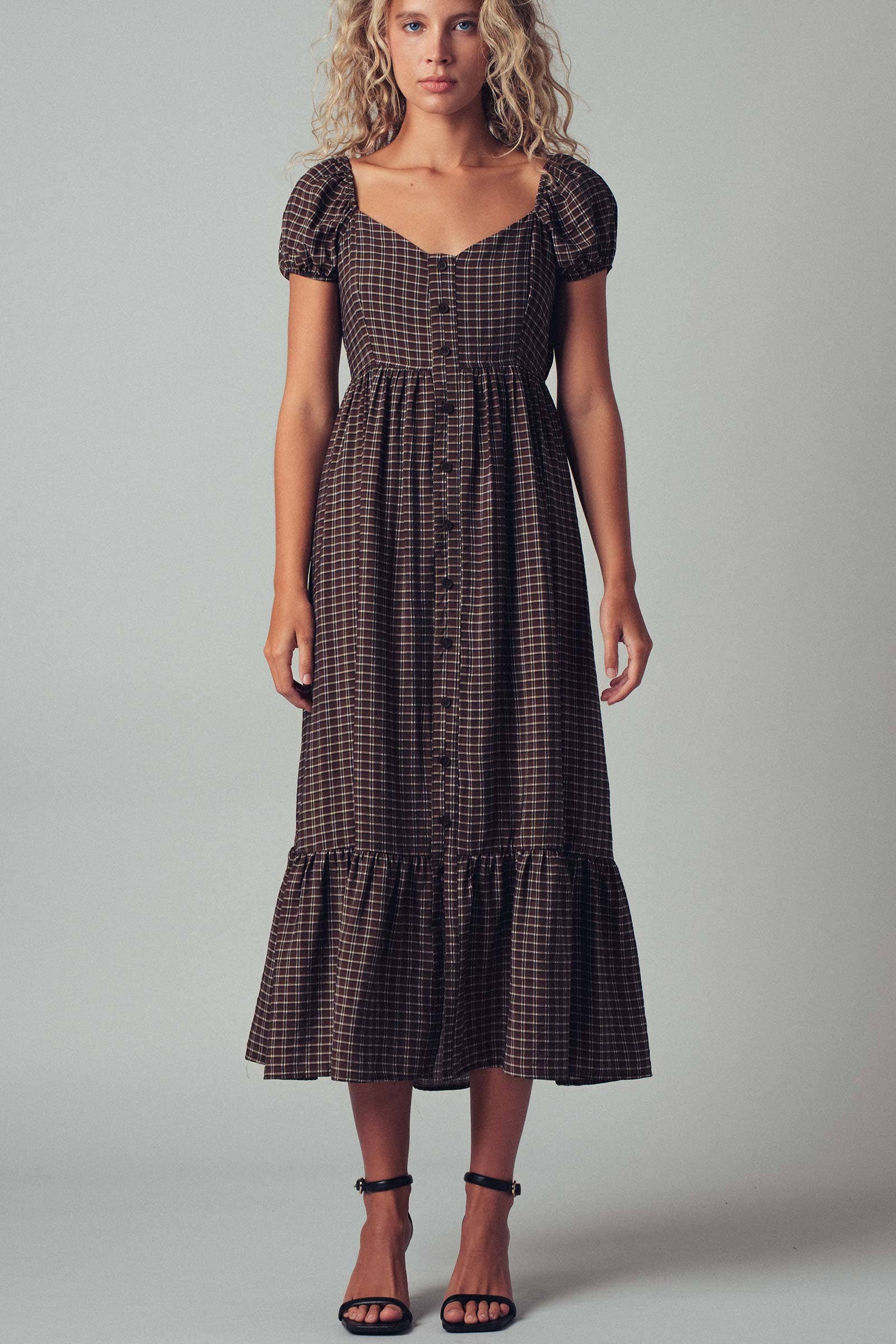 Check Puff Sleeve Smocked Midi Dress, Feathered Farmhouse