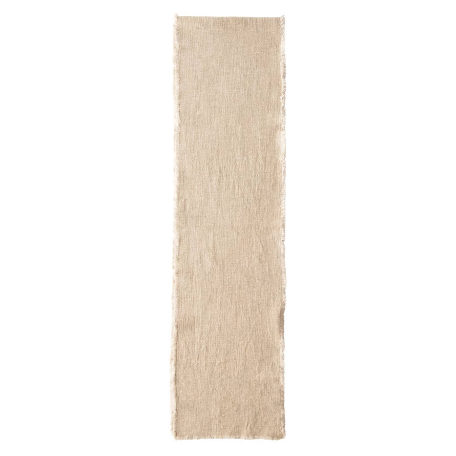 Linen Blend Table Runner with Frayed Edges, Feathered Farmhouse