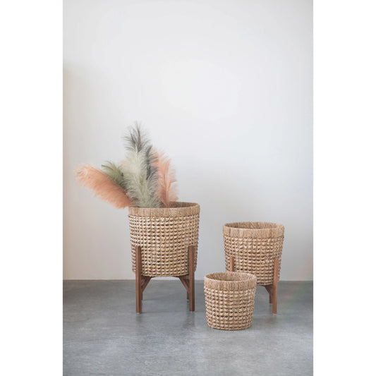 3 Hand-Woven Planters with 2 Wood Stands, Feathered Farmhouse