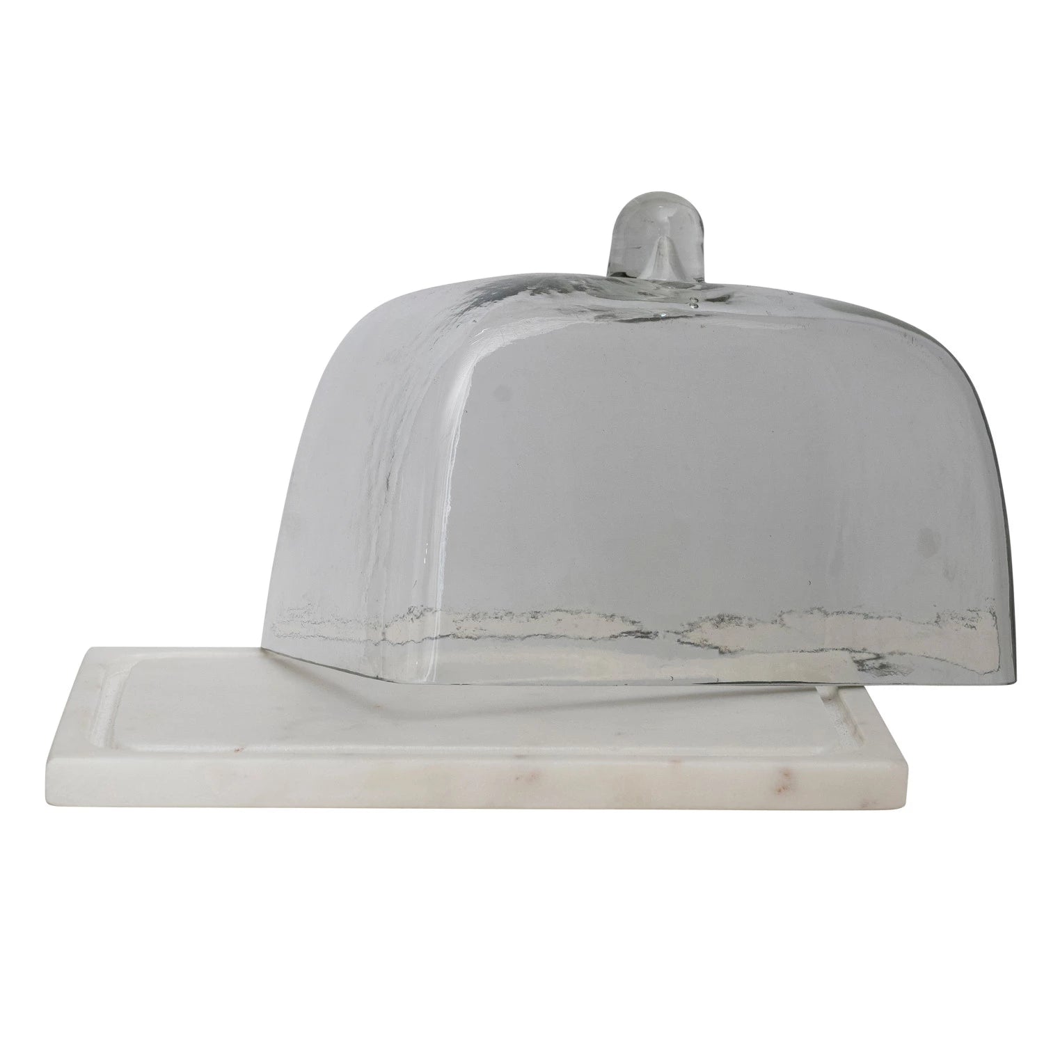 Glass Cloche with White Marble Base, Feathered Farmhouse