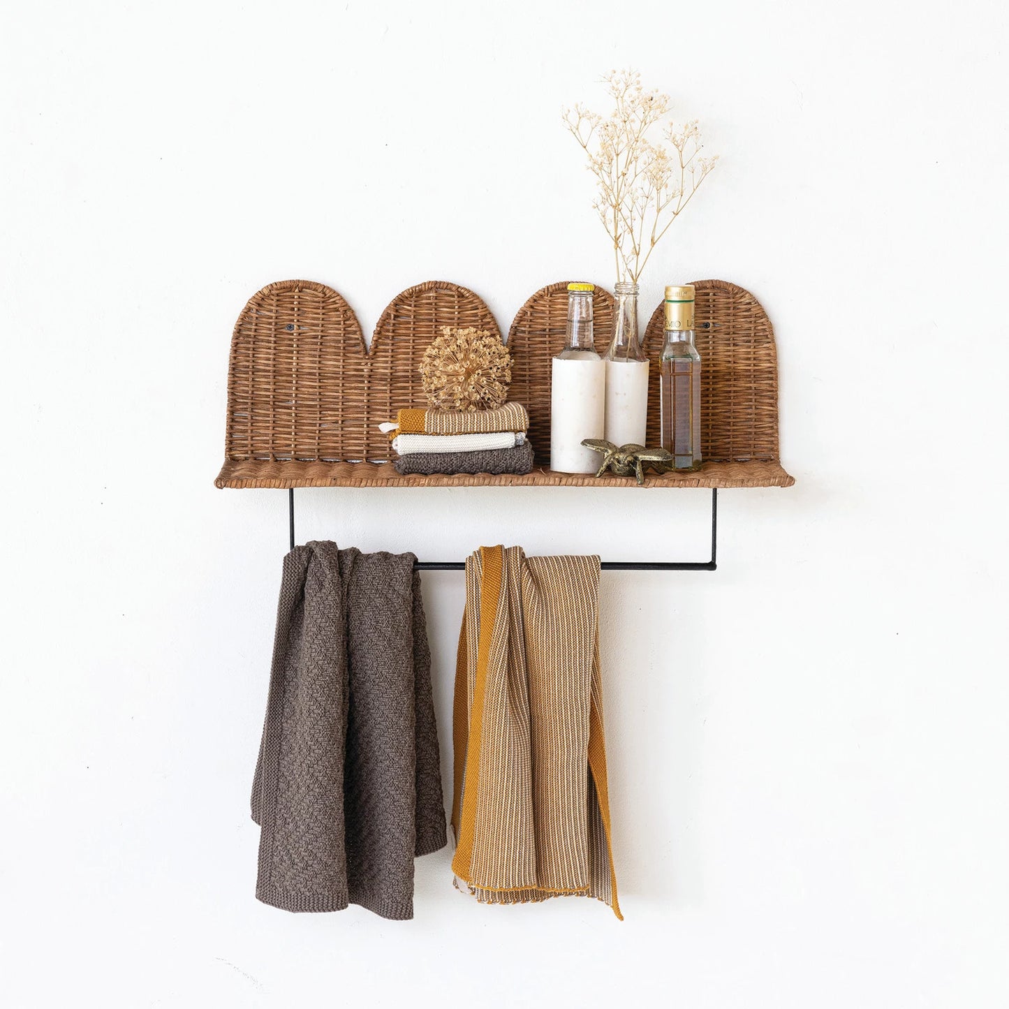Rattan Wicker Wall Shelf, Feathered Farmhouse