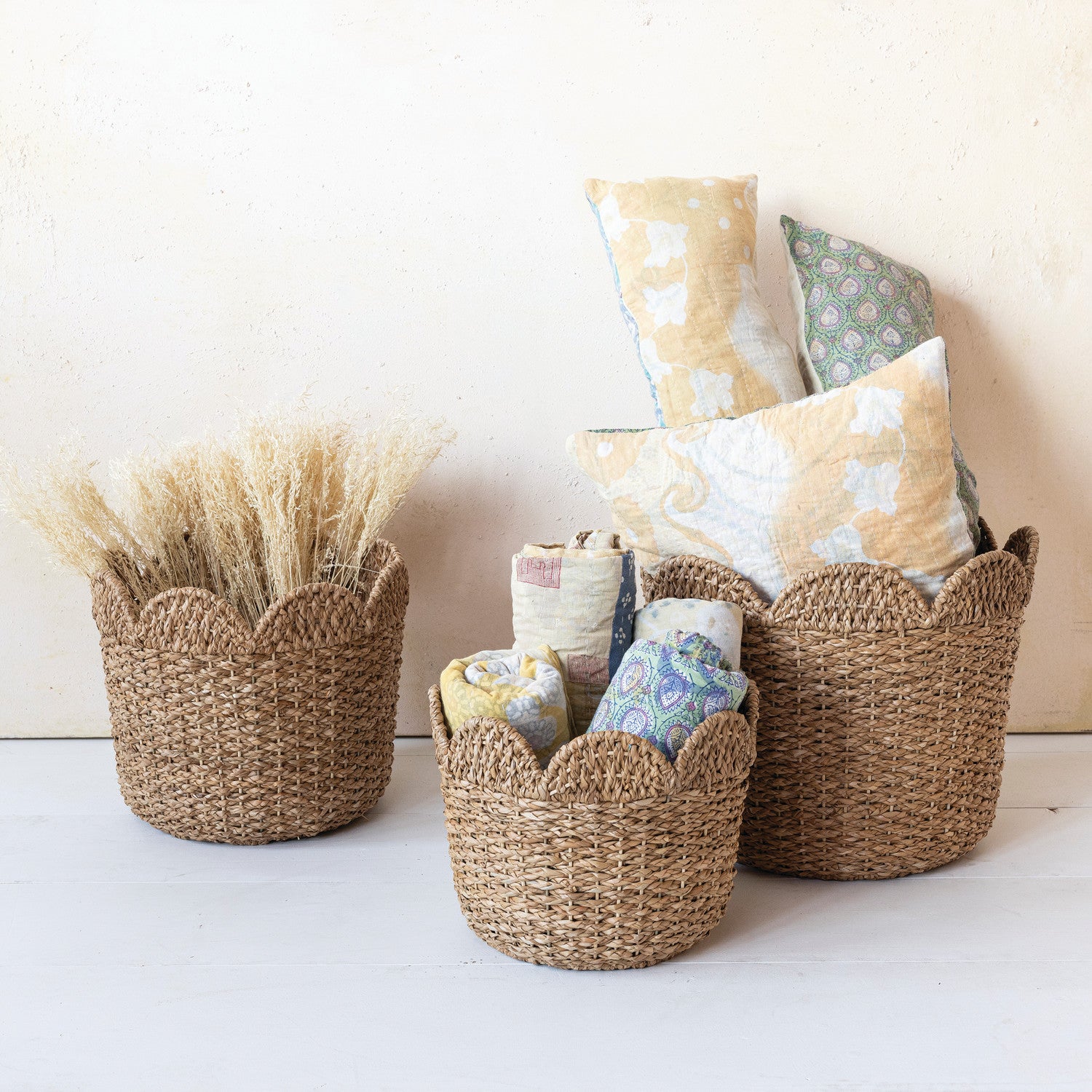 Braided Bankuan & Rattan Baskets with Scalloped Edge, Feathered Farmhouse