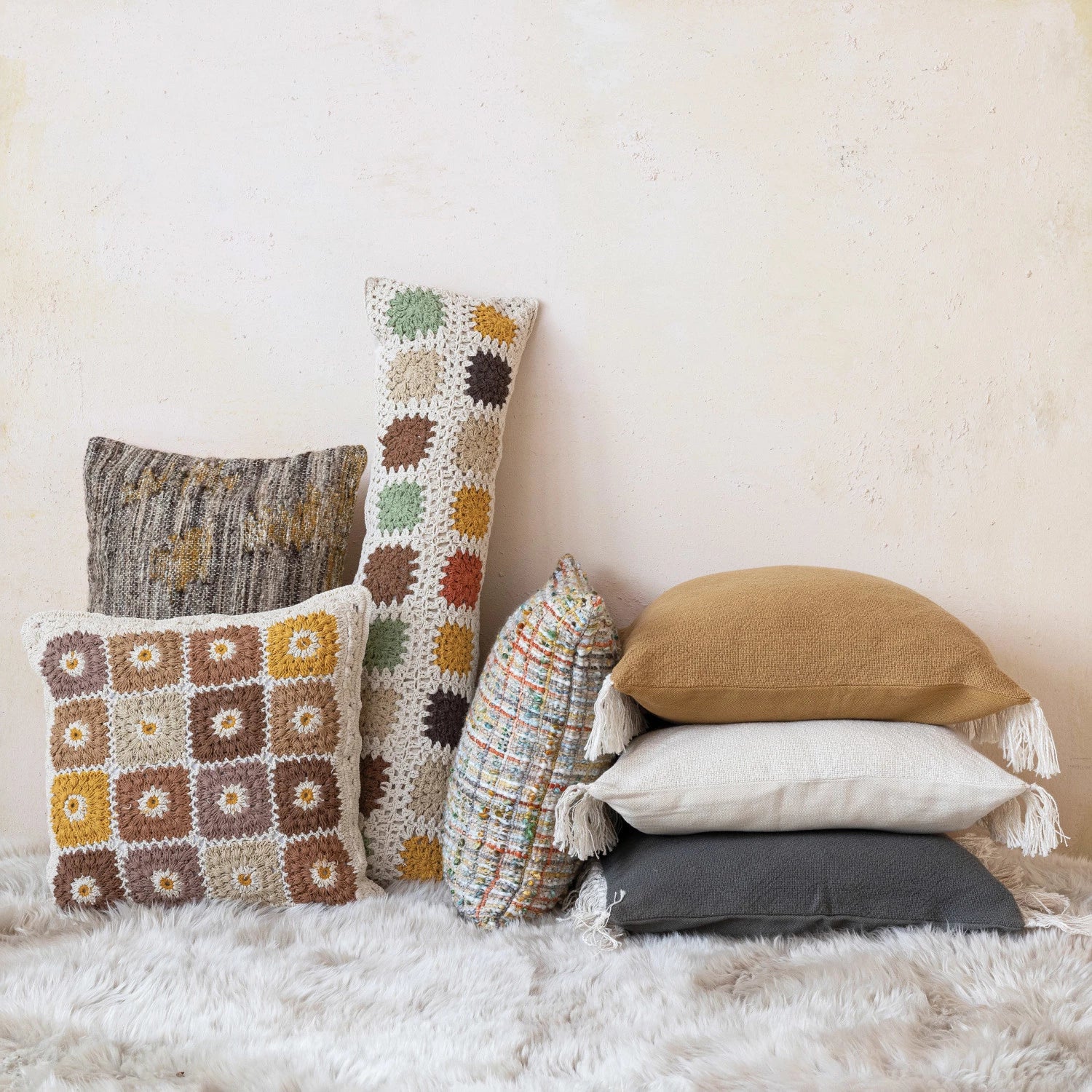 Cotton Crocheted Granny Square Lumbar Pillow, Feathered Farmhouse