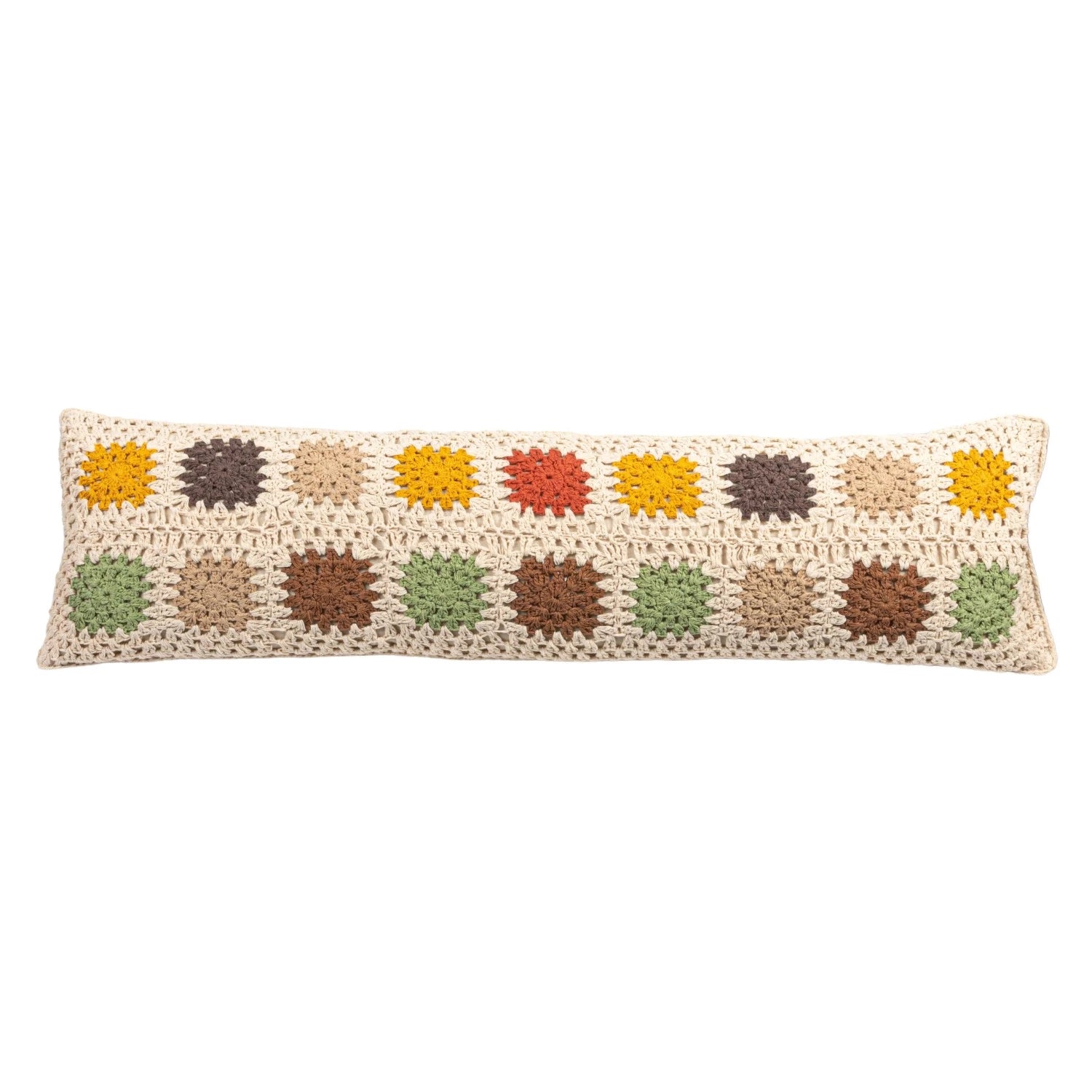 Cotton Crocheted Granny Square Lumbar Pillow, Feathered Farmhouse