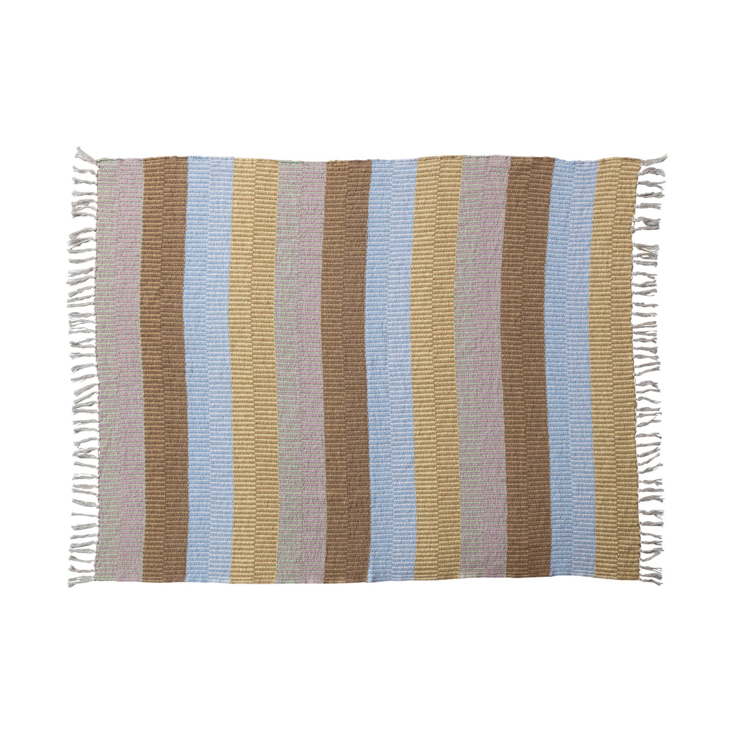 Woven Recycled Cotton Blend Throw with Stripes & Fringe, Feathered Farmhouse