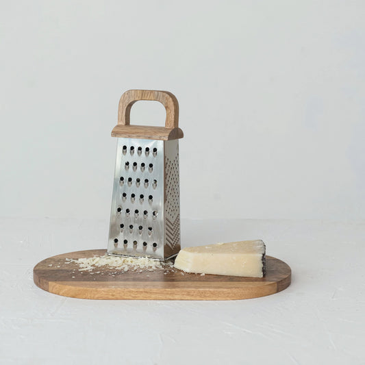 Stainless Steel Grater with Mango Wood Board, Feathered Farmhouse