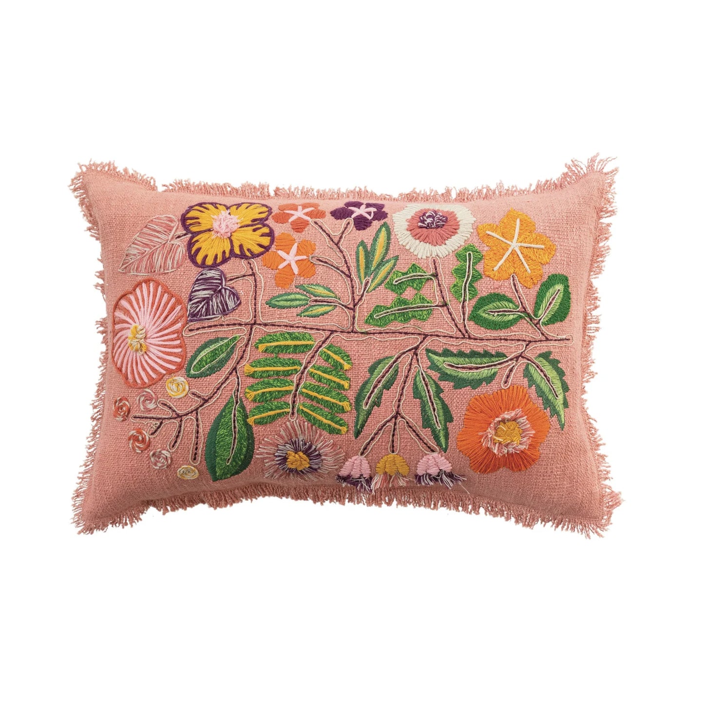 Cotton Lumbar Pillow with Embroidered Flowers, Feathered Farmhouse