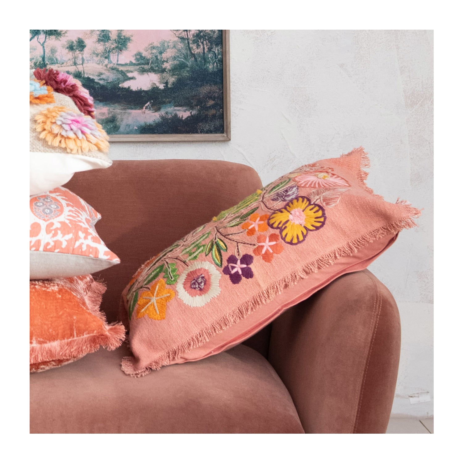 Cotton Lumbar Pillow with Embroidered Flowers, Feathered Farmhouse
