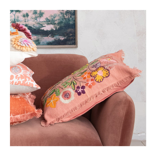 Cotton Lumbar Pillow with Embroidered Flowers, Feathered Farmhouse
