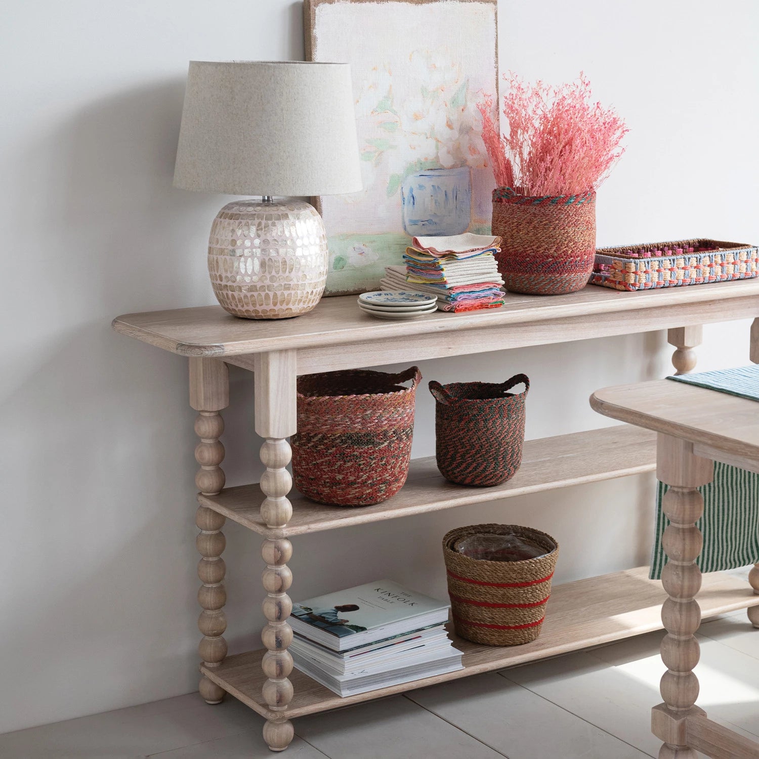 Console Table with Turned Legs, Feathered Farmhouse