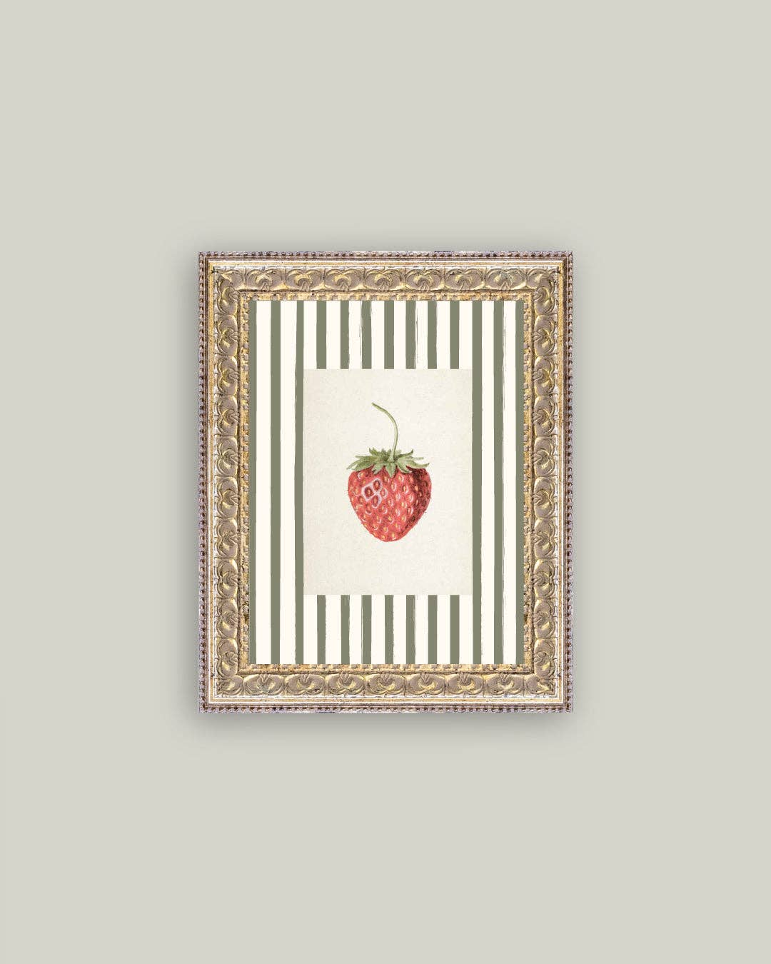 Strawberries on Stripes Framed Antique Art, Feathered Farmhouse