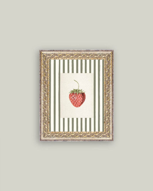 Strawberries on Stripes Framed Antique Art, Feathered Farmhouse