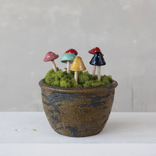 Stoneware Mushroom Plant Stakes, Feathered Farmhouse