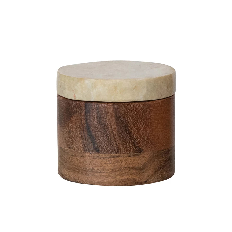 Acacia Wood Container with Marble Lid, Feathered Farmhouse