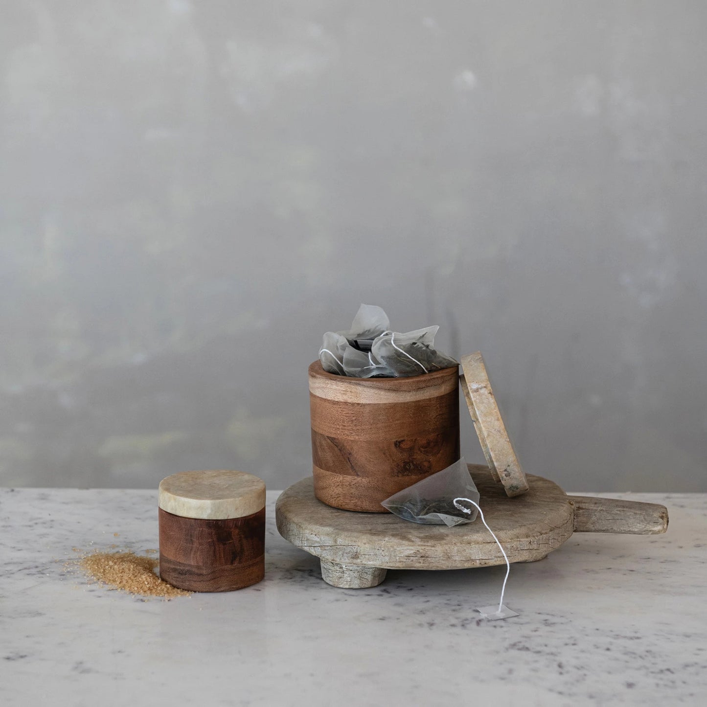 Acacia Wood Container with Marble Lid, Feathered Farmhouse