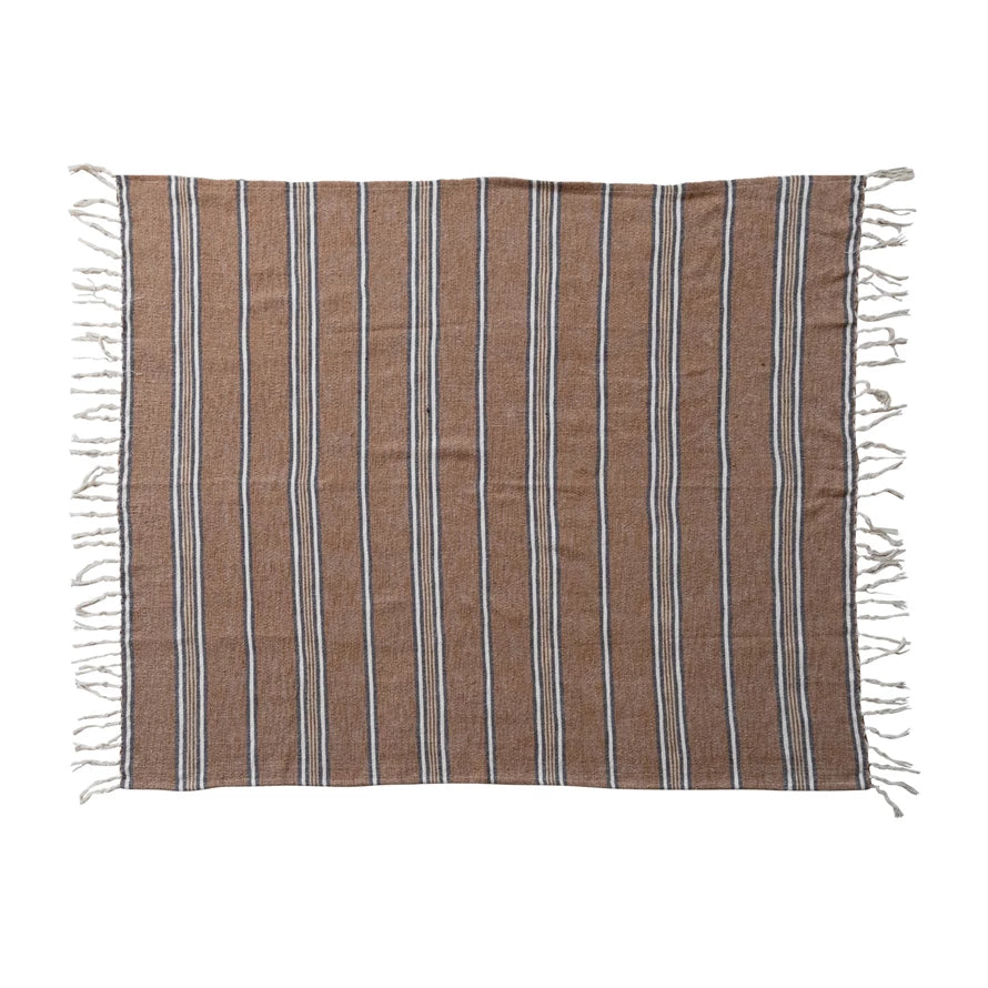 Cotton Blend Throw with Stripes & Fringe, Feathered Farmhouse