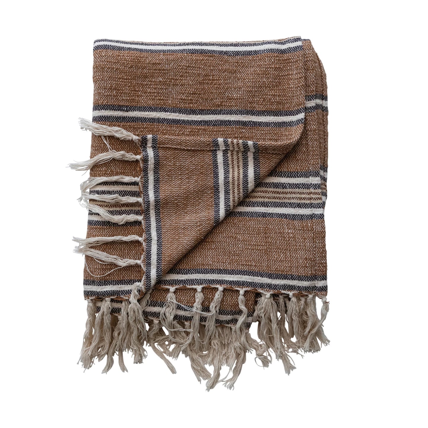Cotton Blend Throw with Stripes & Fringe, Feathered Farmhouse