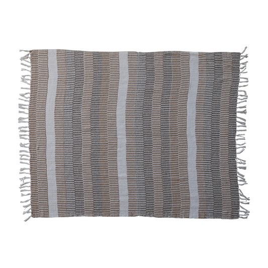 Woven Recycled Cotton Blend Throw with Stripes & Fringe, Feathered Farmhouse