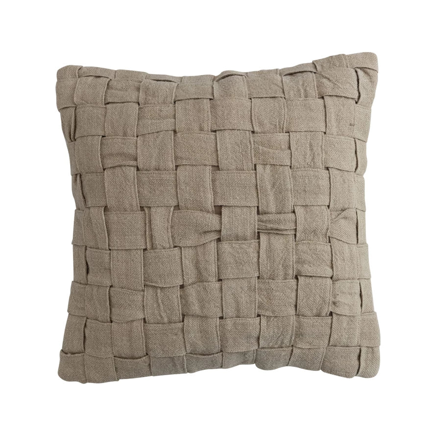 Square Woven Jute & Cotton Basket Weave Pillow, Feathered Farmhouse